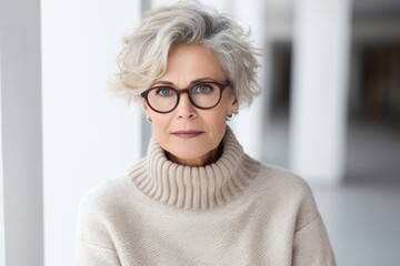 portrait of mature woman with eyeglasses looking at camera in office