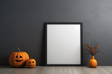 An empty vertical frame for mockup stands on the table near the jack o lantern pumpkin. Black wall background. Halloween decor.
