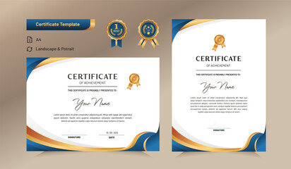 Blue and gold certificate of achievement template. For award, business, and education needs. Vector Illustration