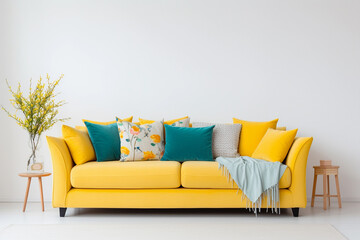 Yellow sofa with colorful grey blue cushions near a blank white wall. Modern interior for mockup, wall art. Promotion background with copyspace.