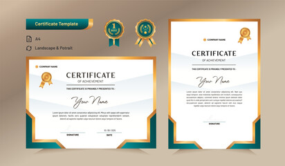 Green and gold certificate of achievement template set with gold badge and border. For award, business, and education needs. Vector Illustration