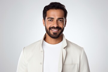Portrait of a Saudi Arabian man in his 30s in a white background wearing a chic cardigan