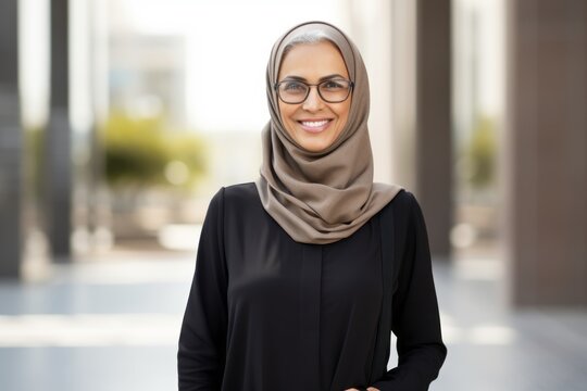 Portrait of a smiling muslim businesswoman wearing glasses in office