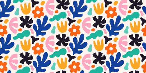 Seamless pattern with matisse abstract botanical shapes. Colorful trendy creative artistic elements on light background.