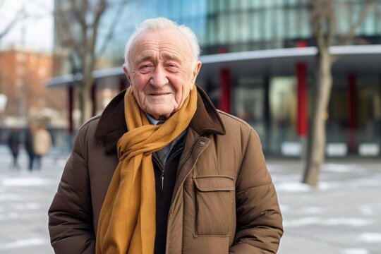 Medium shot portrait of a Russian man in his 90s in a modern architectural background wearing a chic cardigan