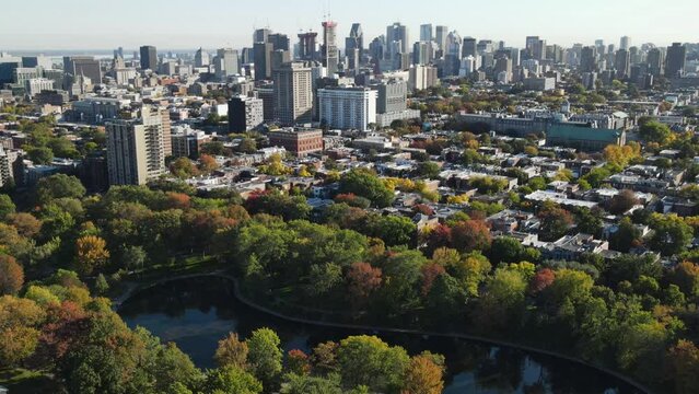 Aerial view of road in old district in Montreal. Drone footage of city, Montreal, Canada at autumn. Downtown cityscapes. View of Mont Royal mountain park.  Drone footage on sunset.