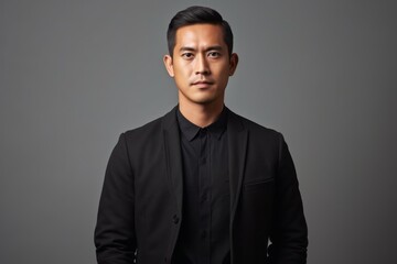 Obraz premium Portrait of handsome asian man in black suit on grey background