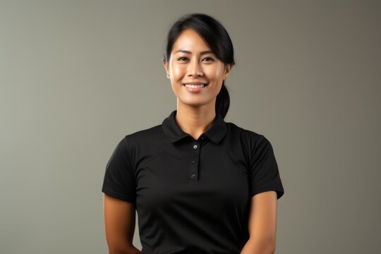 Smiling Asian Woman In Black Polo Shirt On Grey Background