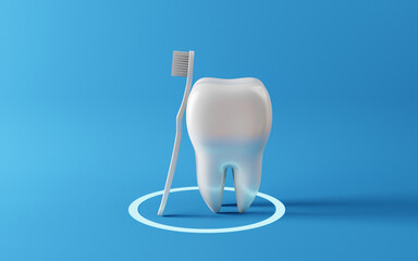 Healthy white tooth with toothbrush, Oral health and dental inspection teeth. Medical dentist tool, children healthcare, 3D render