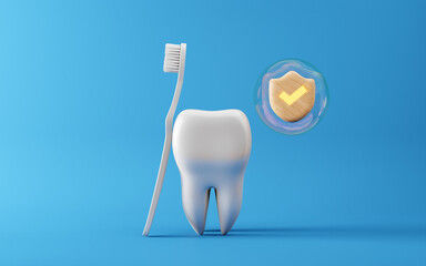 Healthy white tooth with toothbrush, Shield protect, Oral health and dental inspection teeth. Medical dentist tool, children healthcare, 3D render