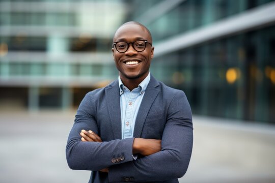 Portrait of a Nigerian man in his 30s in a modern architectural background wearing a chic cardigan