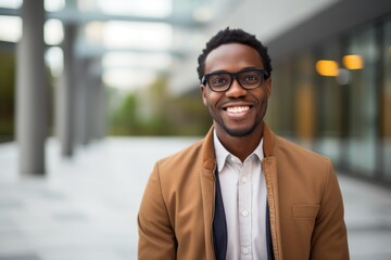 Fototapeta premium Portrait of a Nigerian man in his 30s in a modern architectural background wearing a chic cardigan