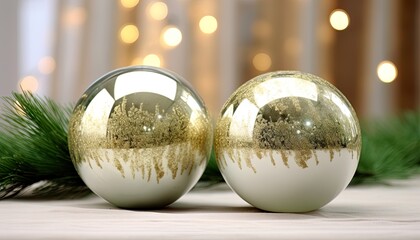 Gold, pale green, decorated Christmas baubles on a table for a festive, decorative xmas celebration. Winter seasonal Holiday card, banner with ornaments.