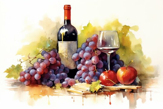 Watercolor painting of red wine and grapes. Generative AI