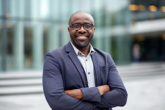 Medium shot portrait of a Nigerian man in his 40s in a modern architectural background wearing a chic cardigan