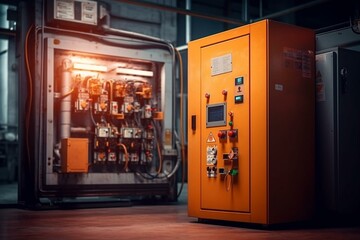 Power protection in factory. Electrical equipment and energy cabinet in industrial building. Generative AI