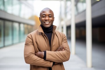 Fototapeta premium Medium shot portrait of a Nigerian man in his 50s in a modern architectural background wearing a chic cardigan