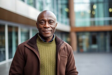 Medium shot portrait of a Nigerian man in his 50s in a modern architectural background wearing a chic cardigan