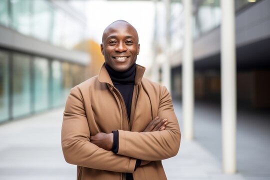 Medium shot portrait of a Nigerian man in his 50s in a modern architectural background wearing a chic cardigan
