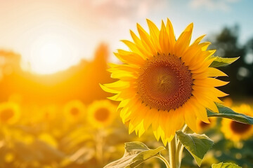 Obraz premium Wonderful view field of sunflowers by summertime. Summer landscape, beauty sunset over sunflowers field.
