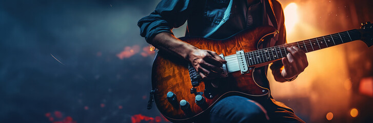 Obraz premium Man playing electric guitar, copy space. Created using generative AI technology.