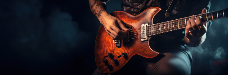 Man playing electric guitar, copy space. Created using generative AI technology.