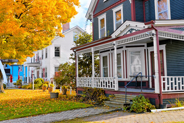 Beautiful rural houses with vibrant yellow maple tree during autumn in New England, USA
