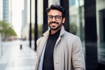 Fototapeta premium Portrait of a Saudi Arabian man in his 30s in a modern architectural background wearing a chic cardigan