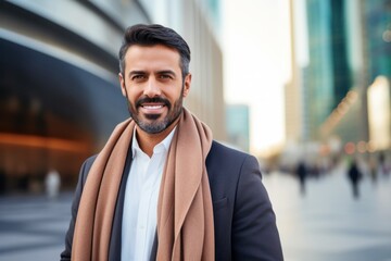 Portrait of a Saudi Arabian man in his 40s in a modern architectural background wearing a chic cardigan