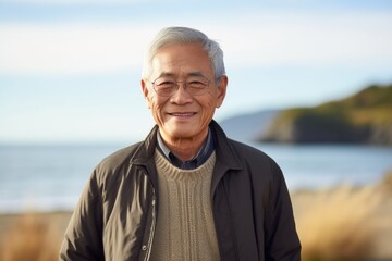Fototapeta na wymiar Portrait of happy senior man smiling at camera on beach in autumn