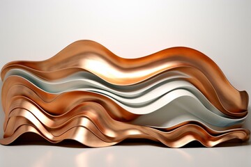 Sleek 3D waves of bronze and copper on white. Minimalist and industrial. Generative AI