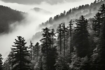 Monochrome trees among smoky mountains. Generative AI