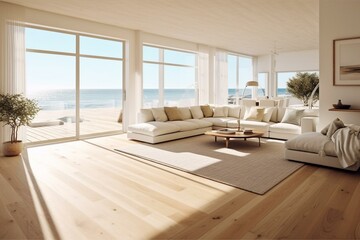 Luxury beach house living room with wooden floor and white wall. Generative AI