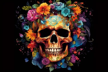 Floral adorned multicolored skull. Generative AI