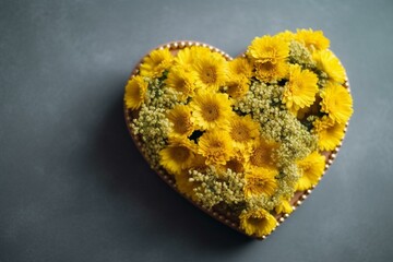 Heart-shaped postcard featuring yellow flowers for Valentine's Day, Mother's Day, or International Women's Day. Generative AI