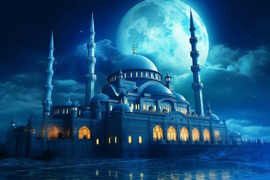 Blue moon mosque Islamic design for Ramadan. Generative AI