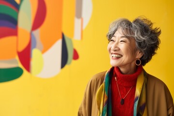 Portrait of a Chinese woman in her 70s in an abstract background wearing a chic cardigan