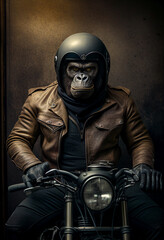 A gorilla in a leather jacket and helmet rides a motorcycle. AI Generated