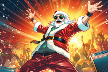 Santa claus dancing at a rave party, manga style comic