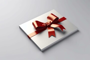 A 3D rendering of a gold gift card with a red ribbon bow on a white and grey background, highlighted with shadow. Minimal concept. Generative AI