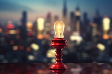Red candlestick over light bulb, with blurry cityscape background. Generative AI