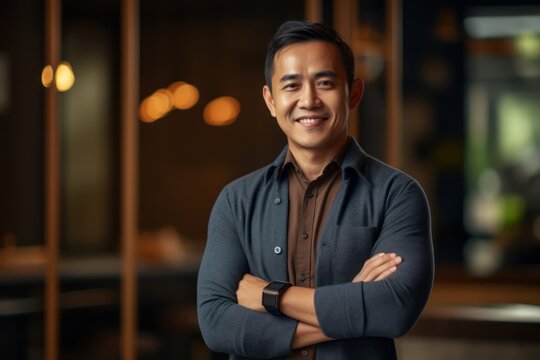 Portrait of a Indonesian man in his 40s in an abstract background wearing a chic cardigan