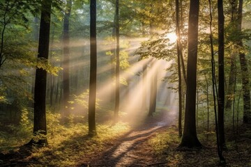 Sun rays shining through trees during morning in the woods. Generative AI