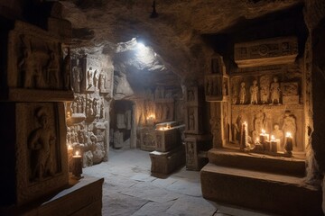 Entrance to ancient Christian crypt in cave with shrines and religious motifs. Generative AI
