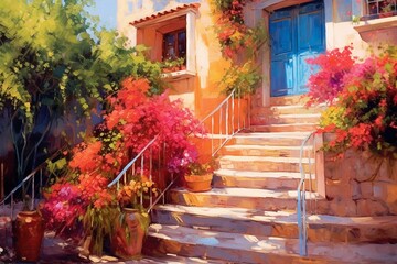 Vibrant oil painting of a Greek house's summer terrace with a colorful garden. Generative AI