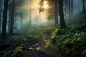 Misty forest landscapes, enchanting woods. Generative AI