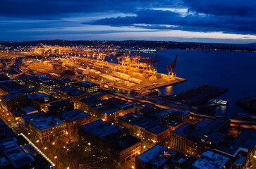 A twilight view of downtown Seattle and central business district in Washington State USA