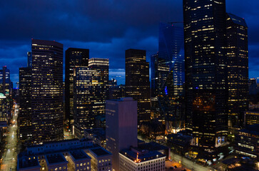 A twilight view of downtown Seattle and central business district in Washington State USA