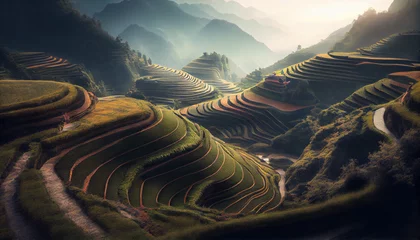Papier Peint photo Rizières Rice terraces landscape, Tibetan monastery, Ai generated image 
