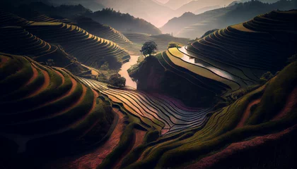 Poster Rice terraces landscape, Tibetan monastery, Ai generated image  © PixxStudio